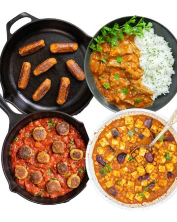 4 photos of different tofu recipes, one sausage in a black skillet, one meatballs in a red sauce, one tofu cubes in orange sauce and one tofu in orange sauce on top of rice