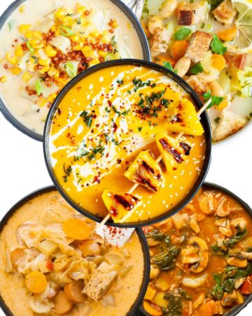 Five different types of soup in black bowls.