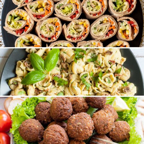 3 meals using hummus one colorful veggie pinwheels, one with crispy brown falafel balls, and one with creamy shell pasta.
