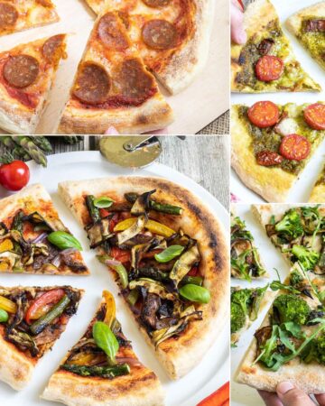 4 sliced pizzas with different toppings from green to pepperoni