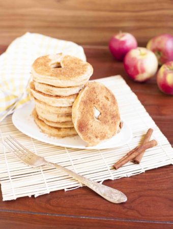 Apple Donut Pancake Batter - Apple donuts fried in a 3-ingredient pancake batter that is plant-based and gluten-free. Then dipped in cinnamon sugar. Yummm!