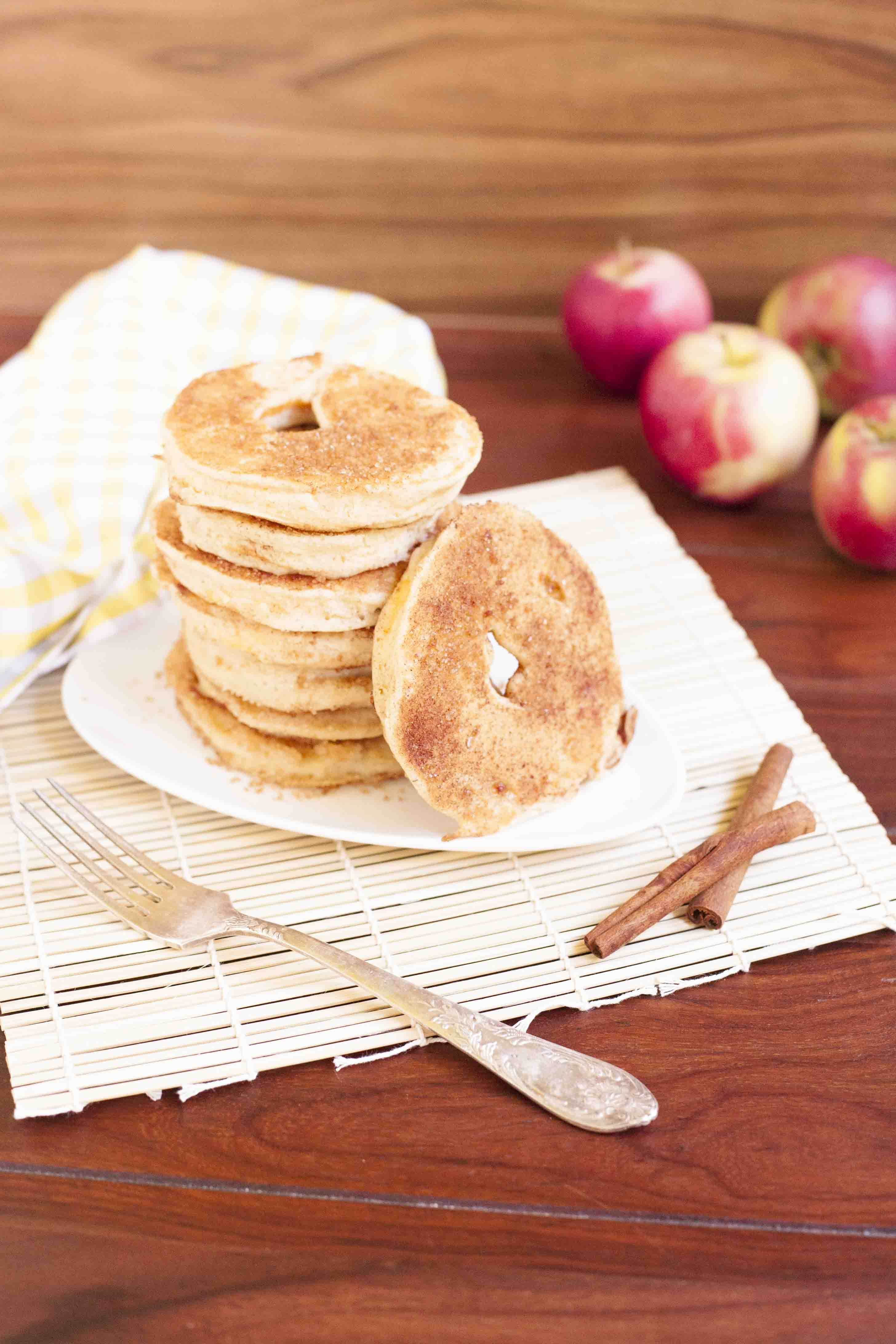 Apple Donut Pancake Batter - Apple donuts fried in a 3-ingredient pancake batter that is plant-based and gluten-free. Then dipped in cinnamon sugar. Yummm!