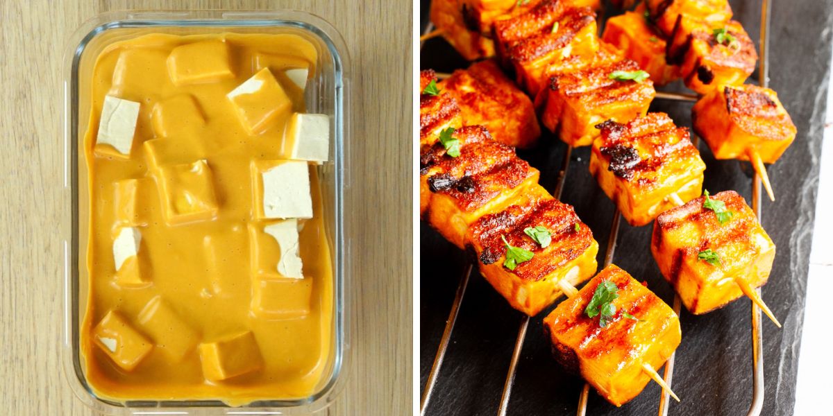 2 photo collage showing first tofu cubes covered in an orange sauce in a glass bowl, then these cubes are grilled and crispy on wooden skewers.