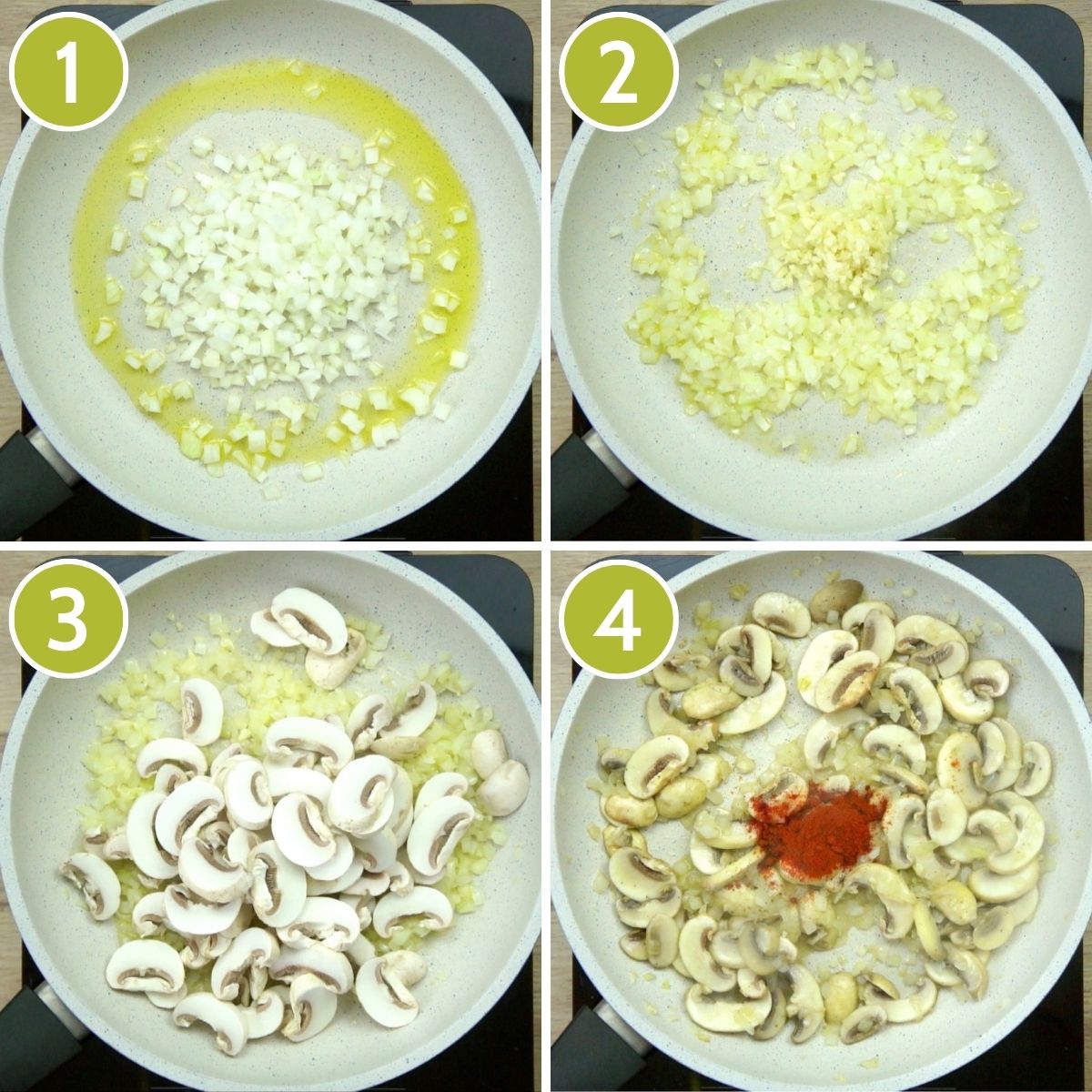 4 photo collage with a saucepan from above showing how to make chickpea mushroom curry