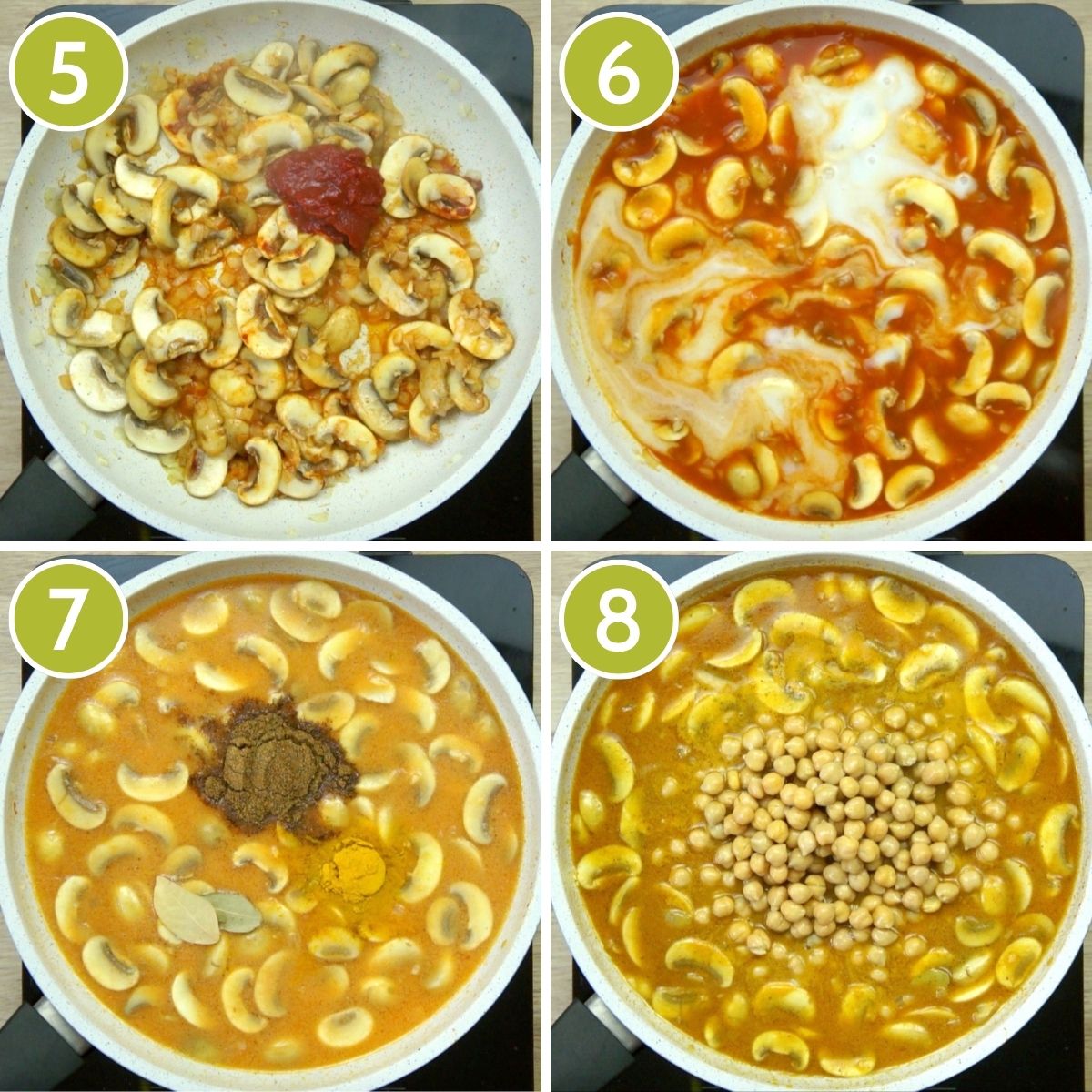 4 photo collage with a saucepan from above showing how to make chickpea mushroom curry