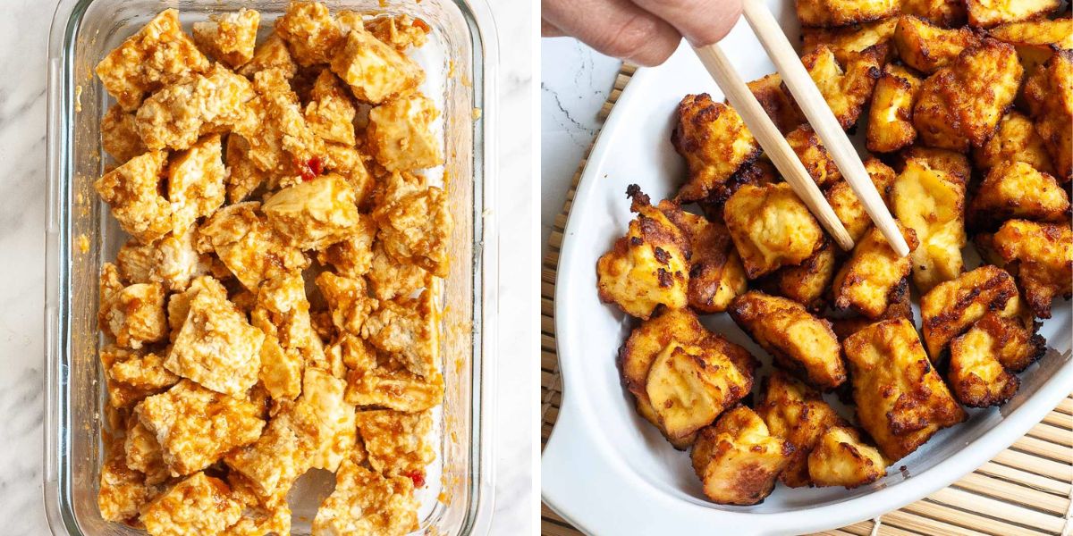 2 photo collage showing torn tofu in a brownish orange sauce, then a white plate with crispy golden brown tofu after baking