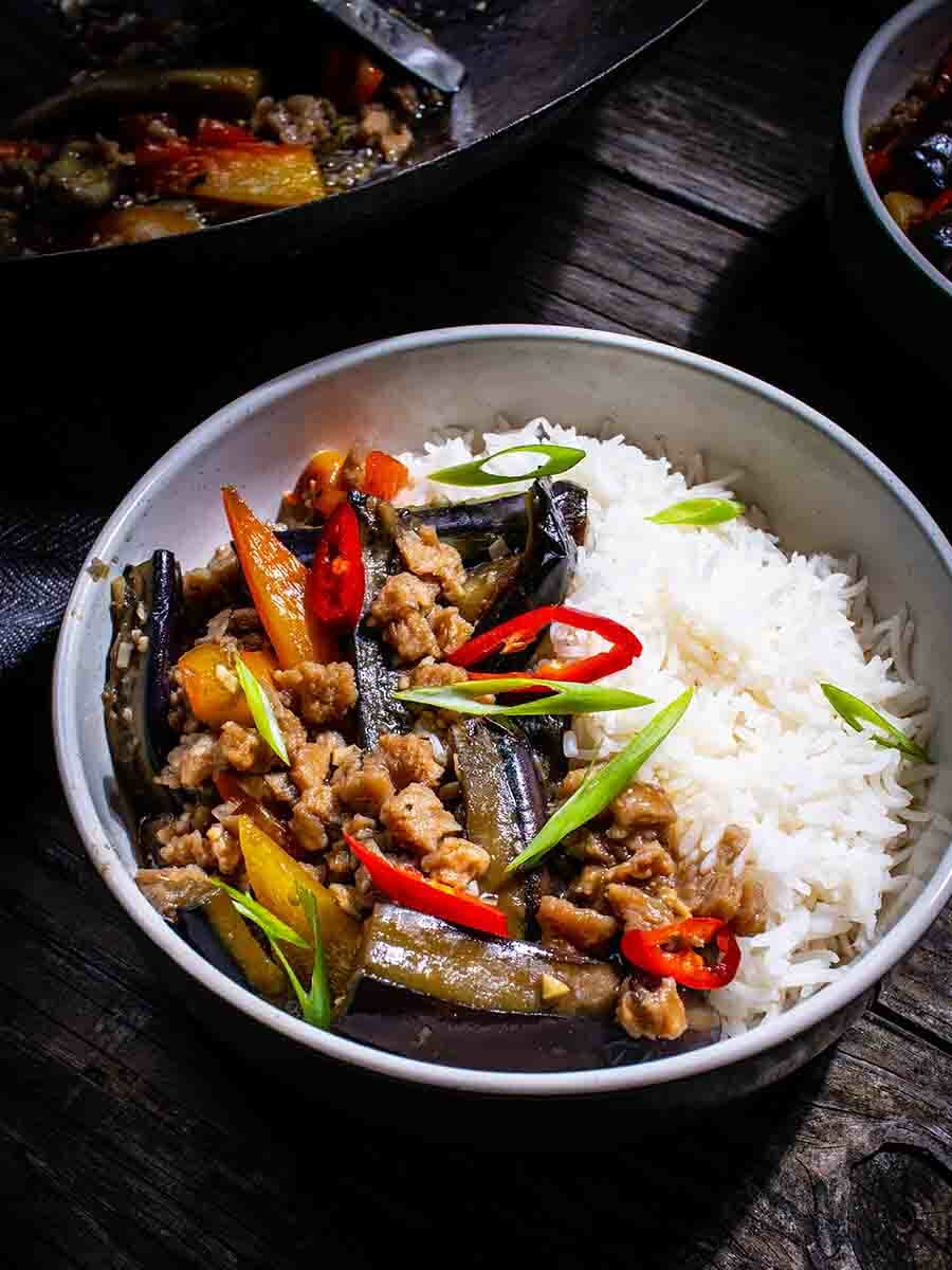 Chinese eggplant stir-fried with TVP.