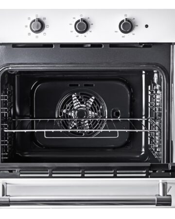 Oven with open doors so you can see the wire rack and the fan at the back