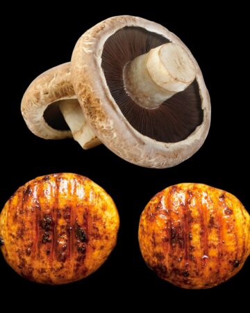 Two raw portobello mushrooms on top of the picture. 2 marinated and grilled portobello mushroom caps on the bottom of the picture.