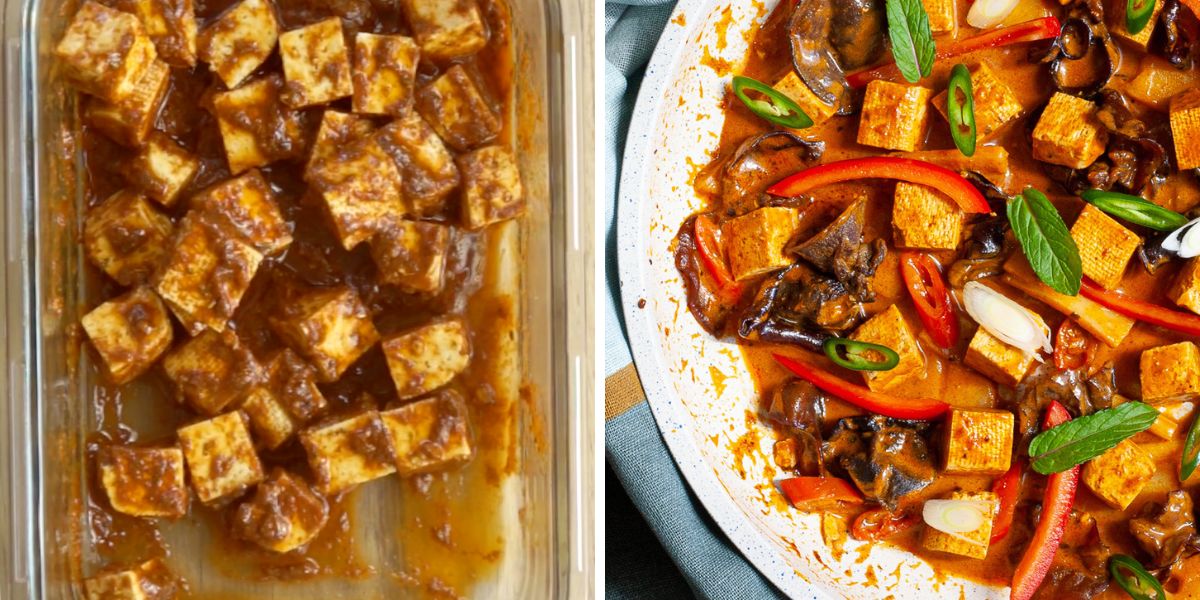 2 photo collage showing tofu cubes in a brownish sauce in a glass bowl, then a frying pan with those cubes swimming in a sauce with mushroom slices, bell pepper and jalapeno pepper slices.