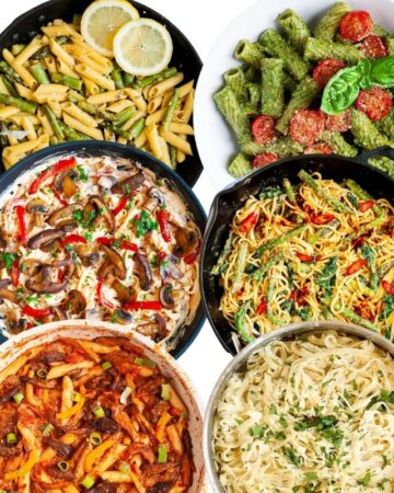 3 bowls with colorful pasta dishes from pesto to alfredo