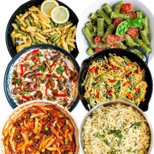 3 bowls with colorful pasta dishes from pesto to alfredo