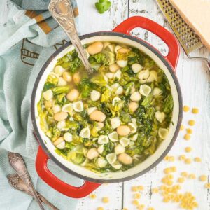 A red white enameled Dutch oven with a thin soup loaded with white beans, chopped green escarole, and small shell pasta.