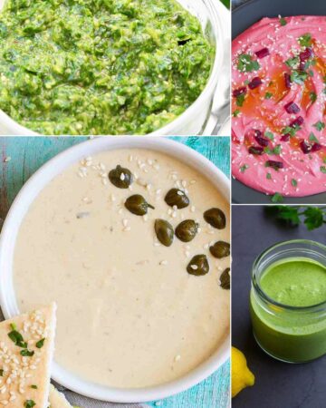 4 photo collage showing different sauces from green, pink to light brown.