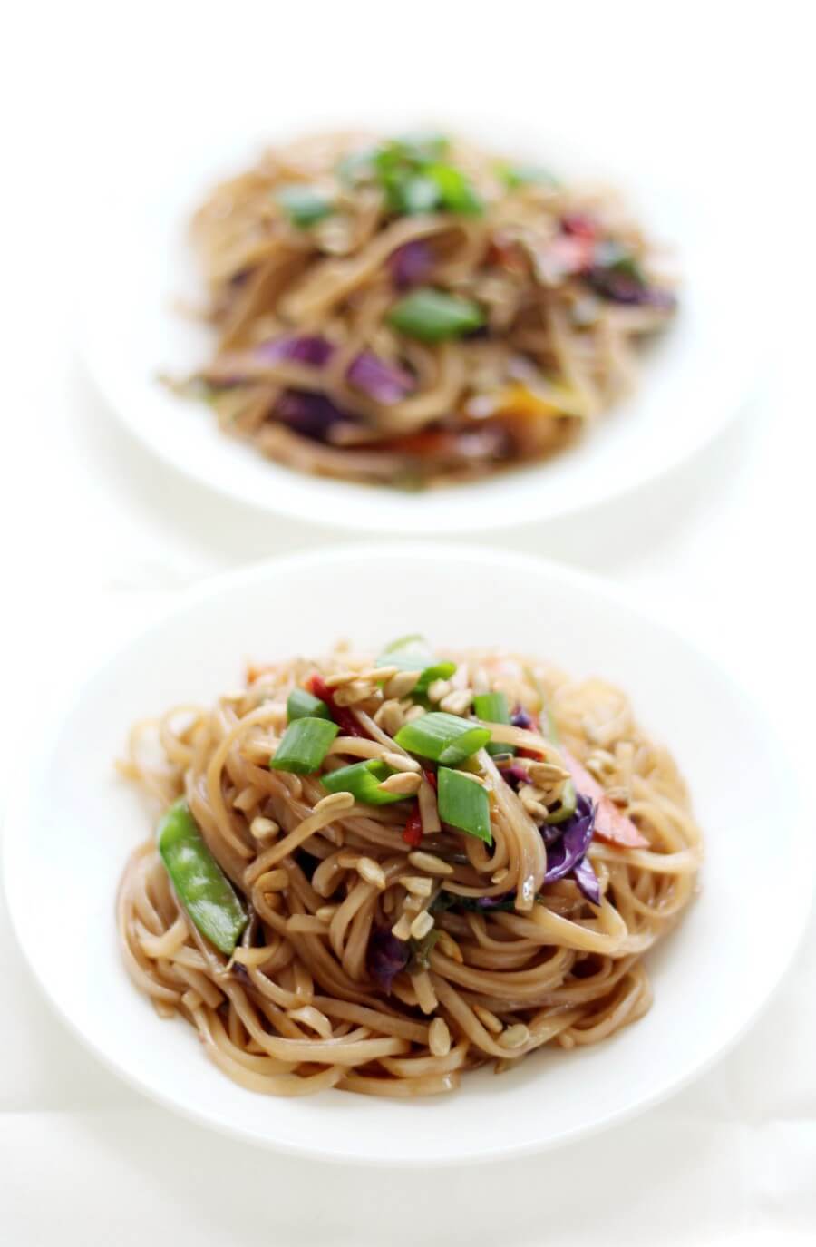 2 white bowls with brown noodles, chopped scallion, peanuts and julienned veggies