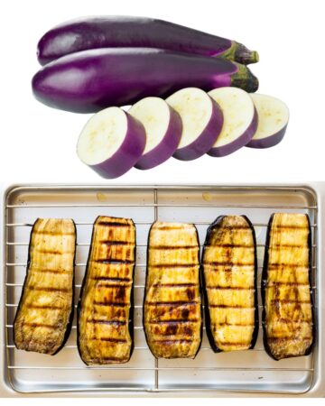 Purple raw eggplants on top of the picture, one of them is sliced. Five grilled eggplant slices on a grill rack on the bottom of the picture.