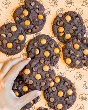 Dark brown cookies with orange m&ms, and chocolate chips on an orange surface with a pumpkin pattern. A hand is grabbing one.
