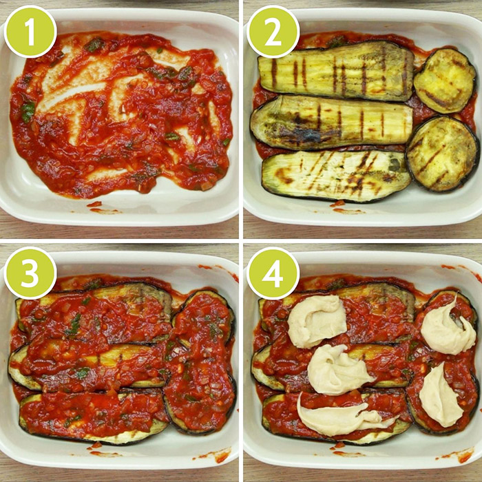 4 photo collage on how to layer vegan eggplant parmesan showing the casserole first with red sauce, then topped with brown eggplant slices, then red sauce again, finally white sauce