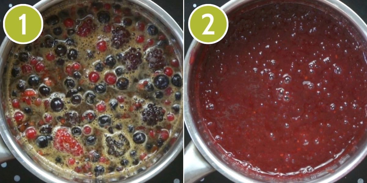 2 photo collage showing a saucepan with mixed berries in a bubbling liquid and a finished red smooth sauce