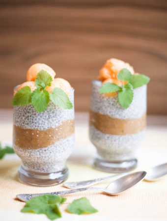 Overnight Chia Seed Pudding with Spicy Melon Puree - 3-ingredient overnight chia seed pudding with coconut milk and spicy melon puree (mint, cinnamon, nutmeg). Simple & delicious breakfast or dessert.
