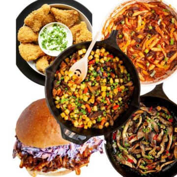 5 photo collage of different dishes with oyster mushrooms, a burger, a breakfast hash, a pasta, a deed-fried, pan-fried versions