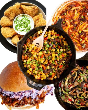 5 photo collage of different dishes with oyster mushrooms, a burger, a breakfast hash, a pasta, a deed-fried, pan-fried versions