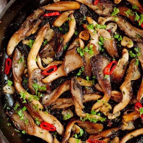 Black cast iron skillet from above with crispy brown oyster mushroom, sliced red pepper, garlic slices and chopped fresh green herbs.