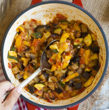 A red pot from above with veggie chunks of all colors: red, yellow, green, orange, brown. There is a serving spoon taking a portion from the middle.