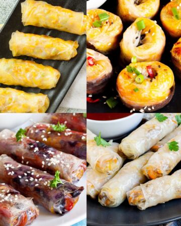 4 photos of recipes using rice papers they are all different colored rolls.