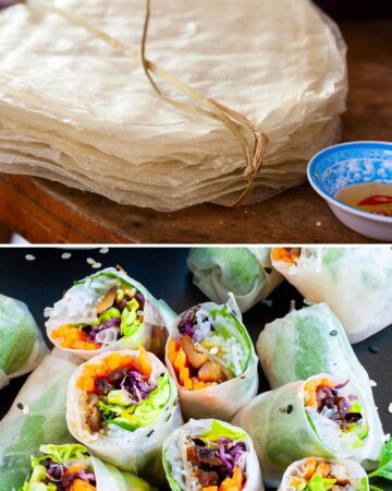 homemade rice paper sheets stacked on a wooden table. Summer rolls are below them.