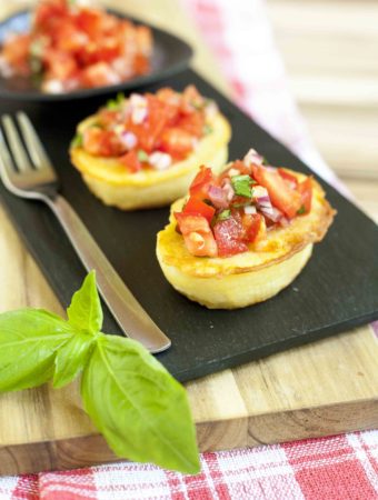 Savory Eggless French Toast Bruschetta - 3-ingredient eggless french toast with bruschetta made from fresh tomatoes, basil and garlic. You need chickpea flour, milk & a secret ingredient