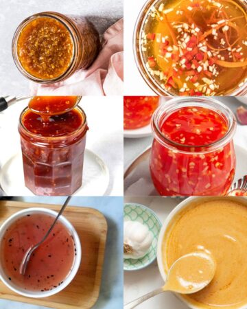 6 dipping sauces in small glass jars or white bowls in a variety of color from red, yellow to brown.