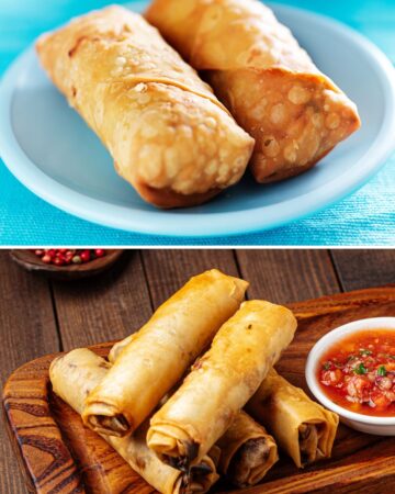 Two egg rolls in a blue plate and 4 spring rolls on a wooden board.