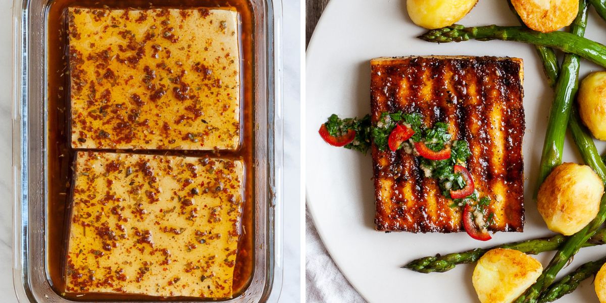 2 photo collages of 2 large tofu slices in a thin brown sauce with visible spices in the sauce, then the tofu slices is brown charcoaled and served in a white plate with a green red chopped herb sauce.
