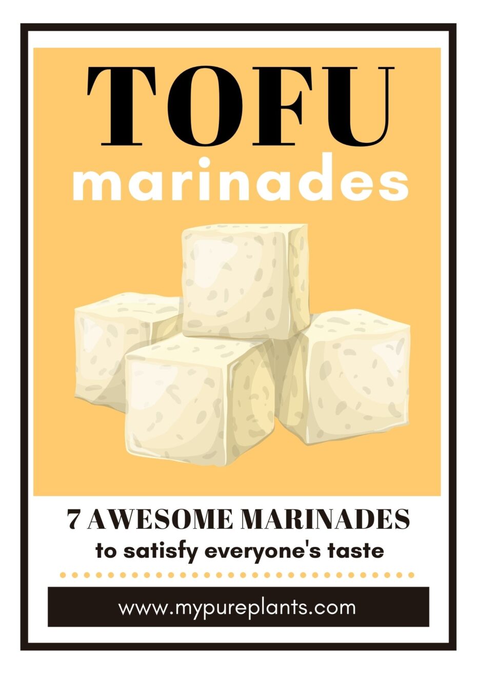 Cover of our tofu marinades ebook showing 4 tofu cubes and overlay text