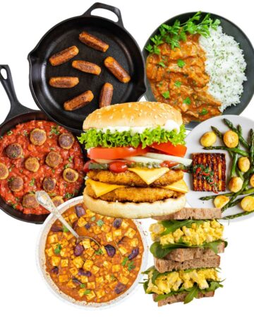 7 photo collage of different tofu recipes, a burger, meatballs, sausages, egg salad, curry, tofu steak, and tikka masala