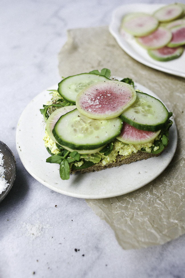 A tofu sandwich with radishes and salt on a plate.