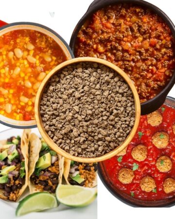 4 different dishes with meals prepared with tvp, there is chili, taco, meatballs