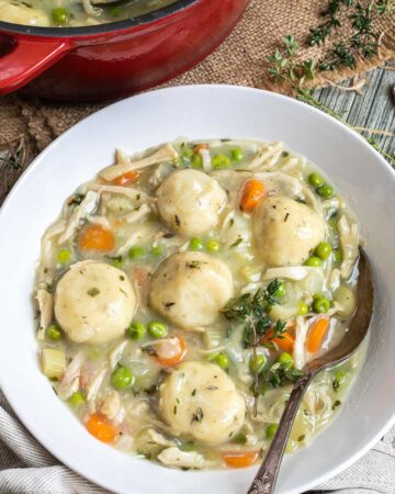 A white plate with dumplings, chopped veggies, shredded mushroom pieces in place of chicken, green herbs in a thick, white stew. A spoon is place in it. The remaining soup is in a red-white enameled Dutch oven next to it.