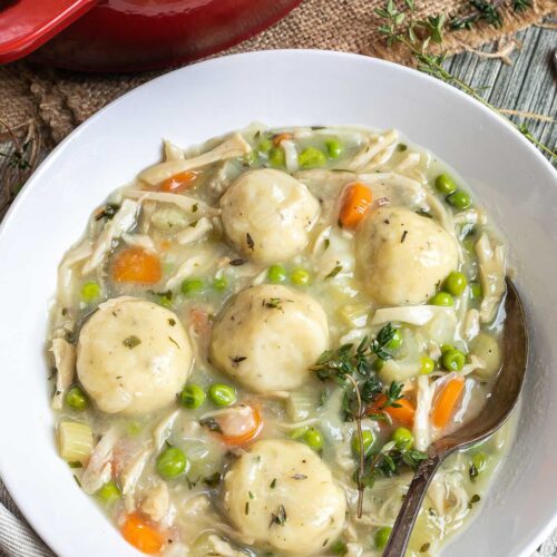 A white plate with dumplings, chopped veggies, shredded mushroom pieces in place of chicken, green herbs in a thick, white stew. A spoon is place in it. The remaining soup is in a red-white enameled Dutch oven next to it.