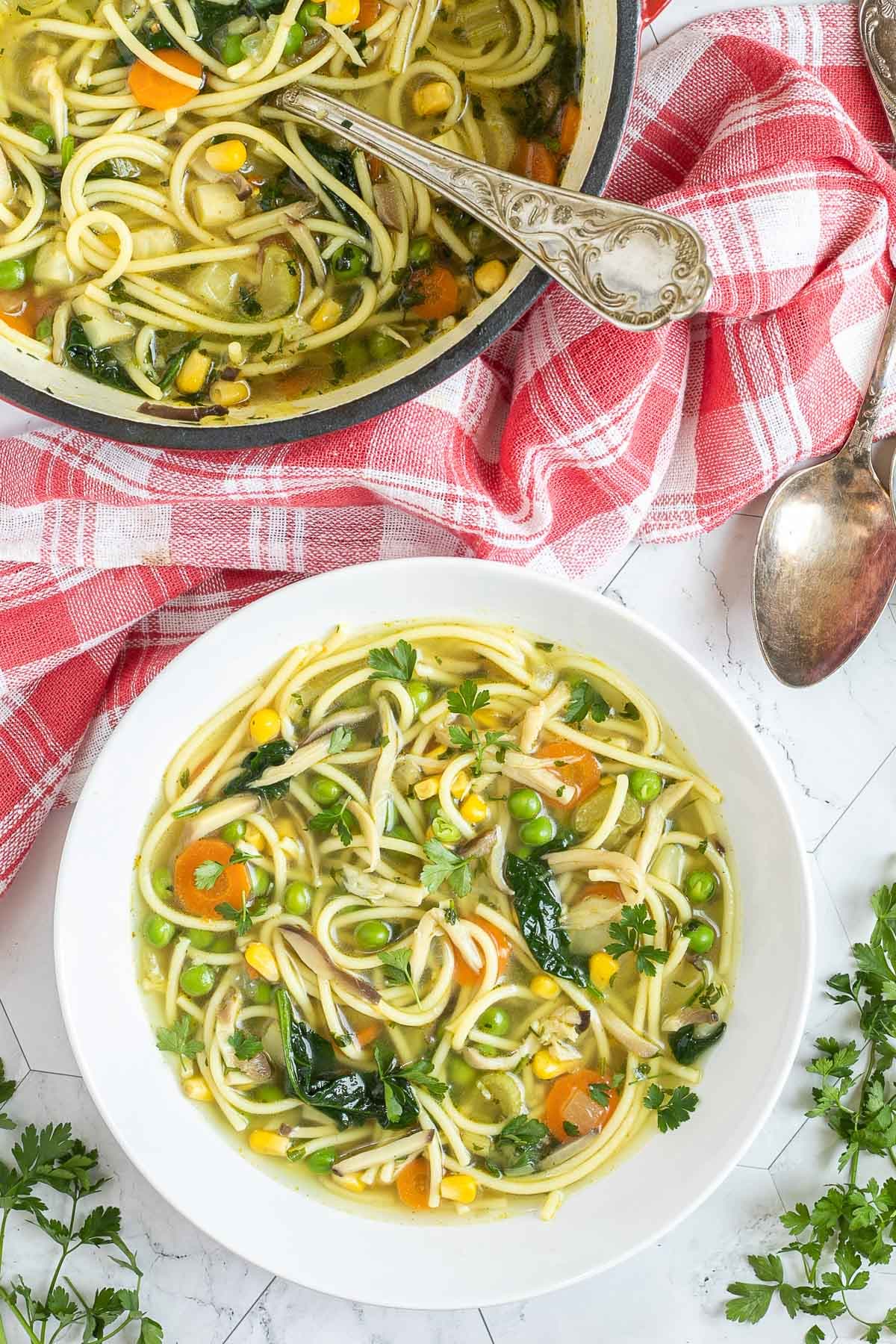 A white plate with noodles, spinach leaves, green peas, carrots slices in a thin soup. Leftover with red Dutch oven is next to it.