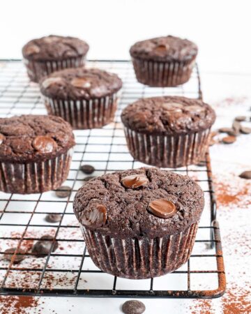Several chocolate muffins with chocolate chips on a black wire rack. Even more chocolate chips are scattered around and under the rack.