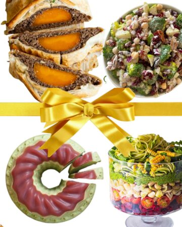 Four different Christmas dishes and a golden bow in the middle of the picture.