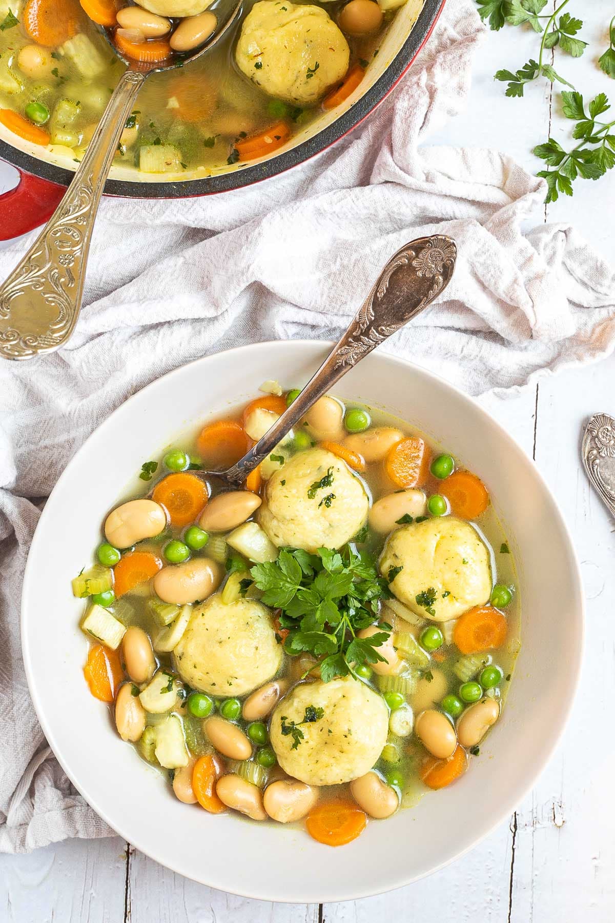 A white plate with dumplings, chopped veggies, green herbs, white beans, and green peas in a vegetable broth soup. A spoon is placed in it. The remaining soup is in a red white enameled Dutch oven next to it.