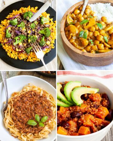 Four photos of four vegan dishes you can make from one grocery list
