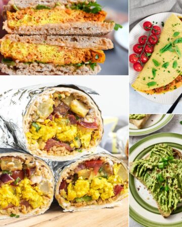 Photos of different vegan breakfast recipes from burrito, to omelette and sandwiches.