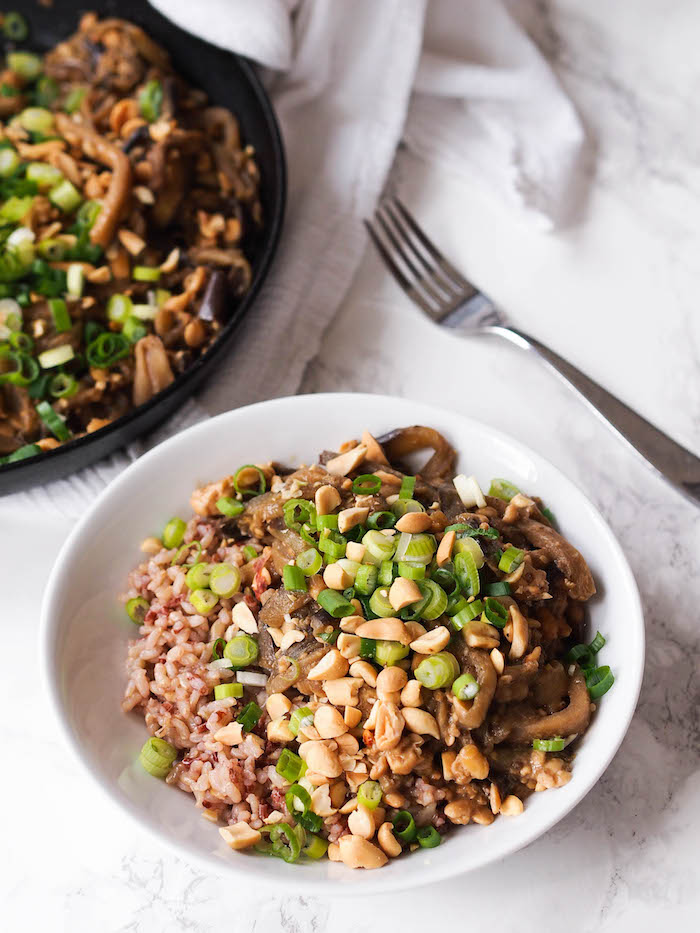 Vegan eggplant dan dan noodles.