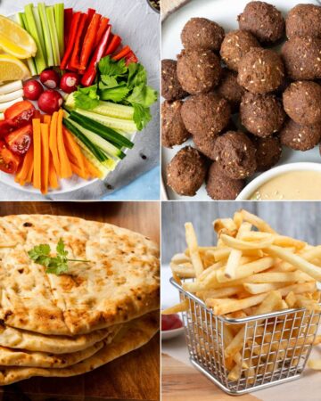 4 food that can be served with hummus, veggie sticks, falafel balls, naan, and french fries