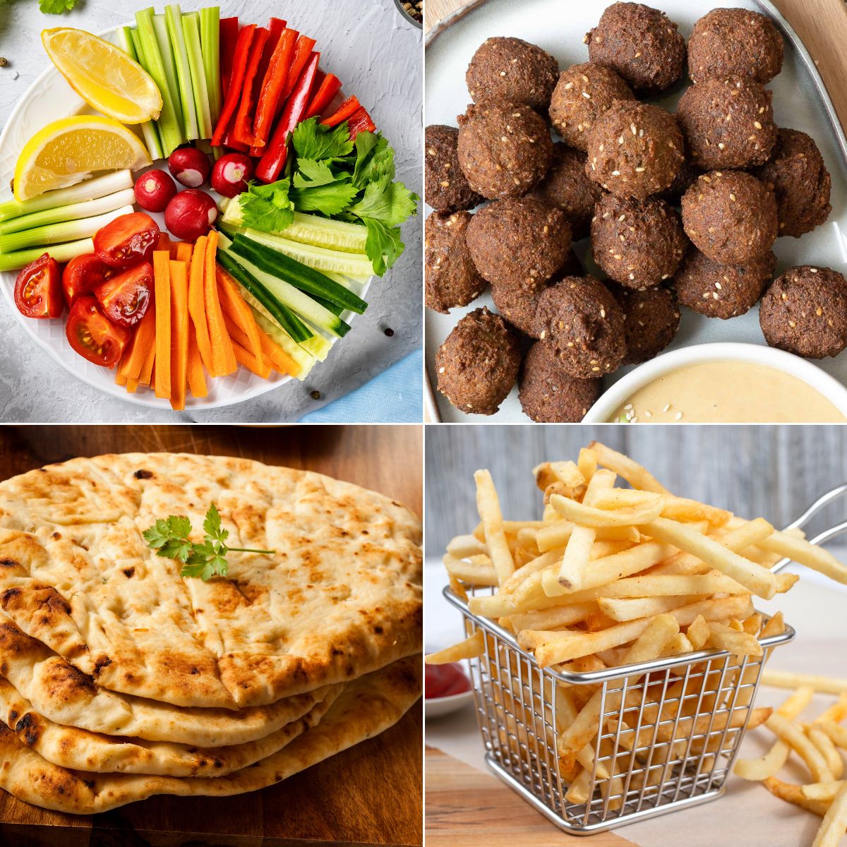 4 food that can be served with hummus, veggie sticks, falafel balls, naan, and french fries