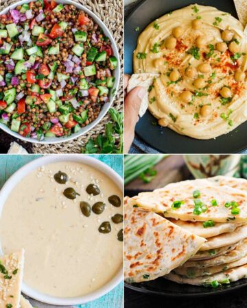 4 sides to serve with falafel, a lentil tabbouleh, hummus, tahini sauce, and naan.
